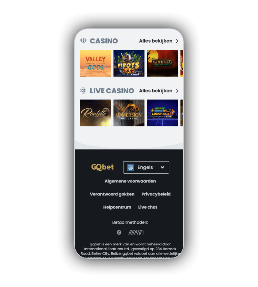 Interface van het GQBet Casino NL